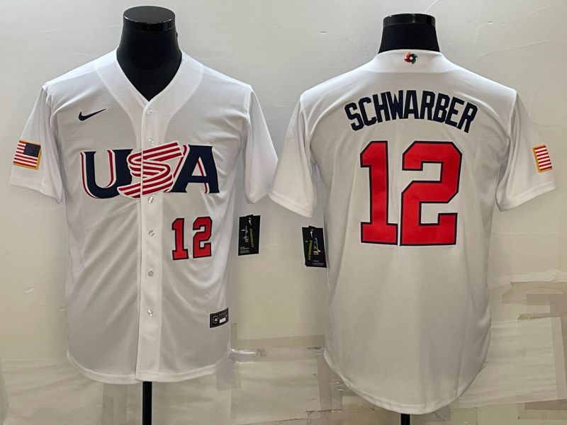Men 2023 World Cub USA #12 Schwarber White Nike MLB Jersey4